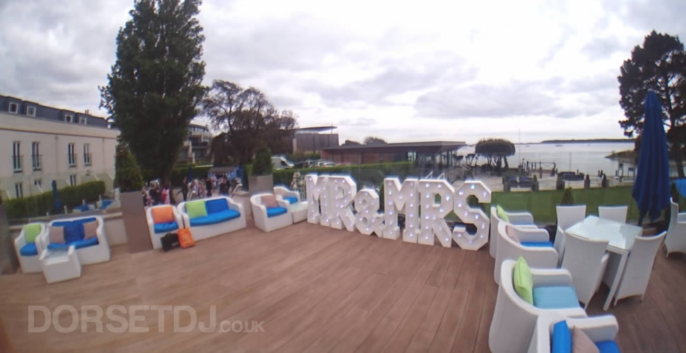 MR and MRS Light up letters at the waterfront Christchurch Harbour Hotel